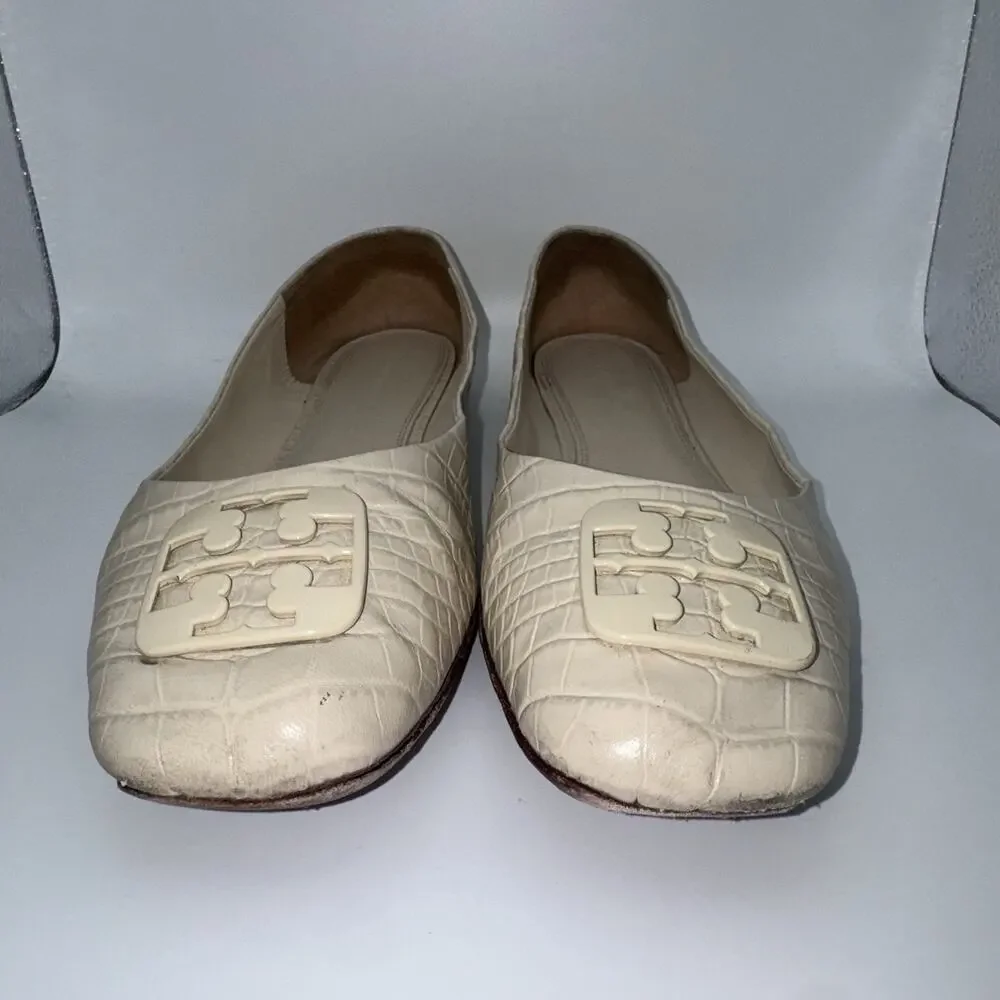 Tory Burch Georgia Ballet Flats Ivory Croc Embossed Logo Womens 10.5M
